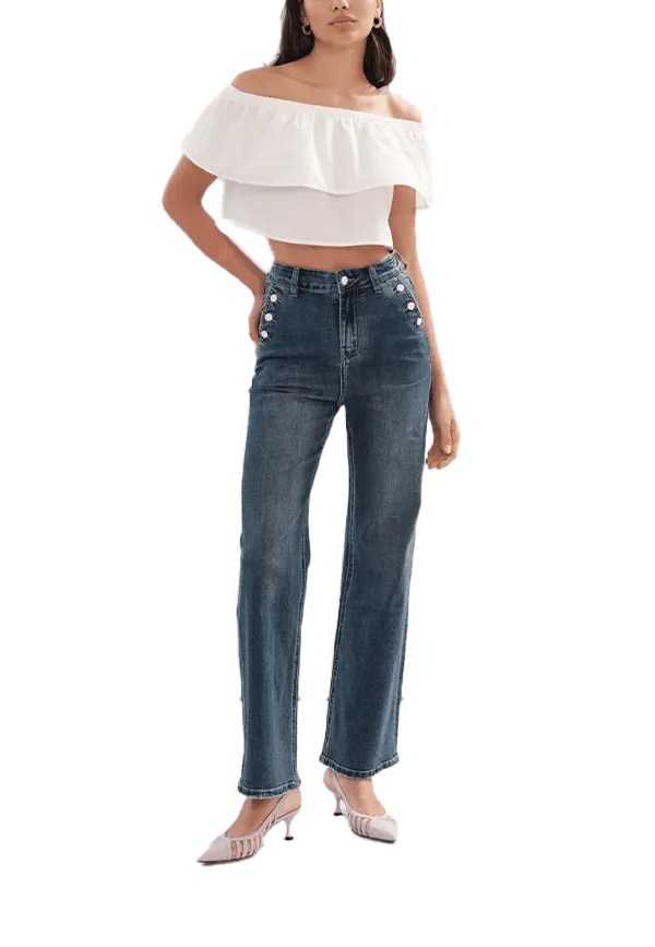 White Wise - Petra-Jeans flare high waist con bottoni su tasche