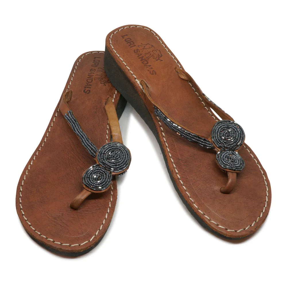 2 ROUNDS DENIM BLUE LEATHER SANDALS WEDGE (EU 37 / US 6.5)