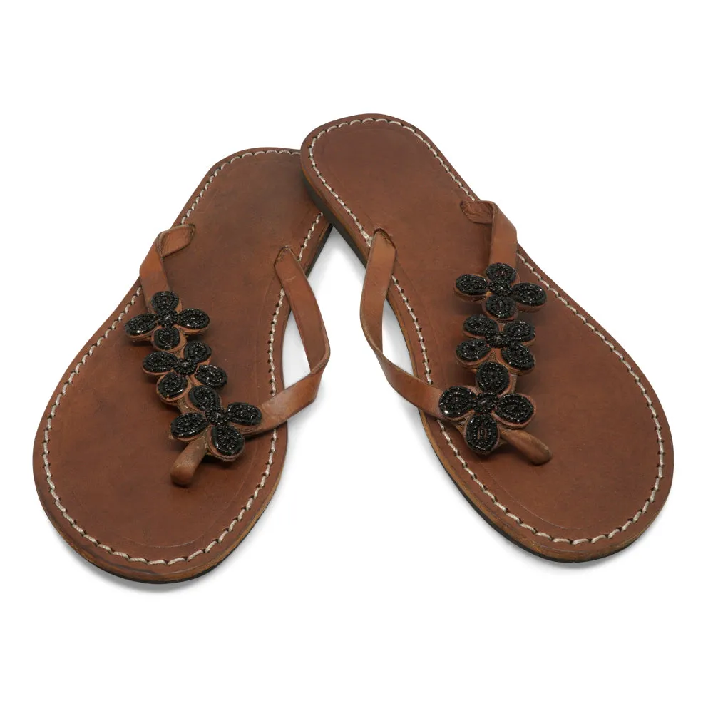 3 FLOWER BLACK LEATHER SANDALS FLAT (EU 37 / US 6.5)