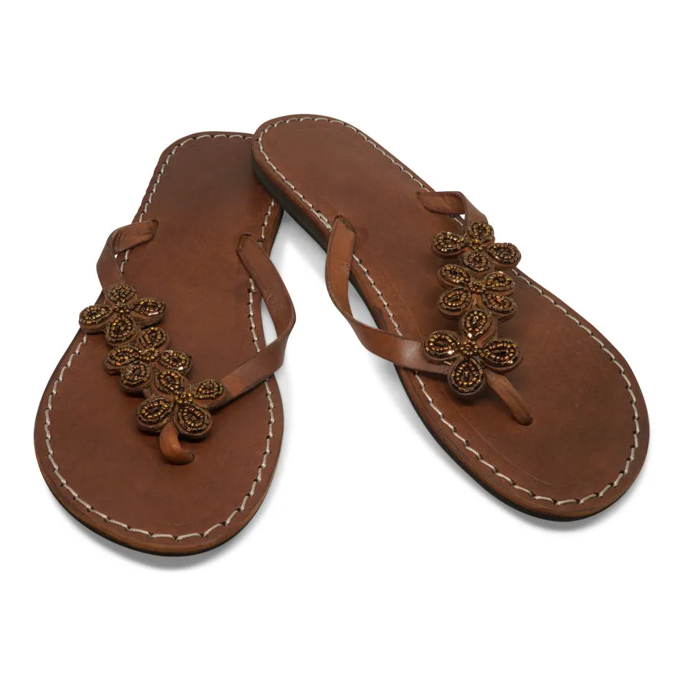 3 FLOWER COFFEE LEATHER SANDALS FLAT (EU 36 / US 6)