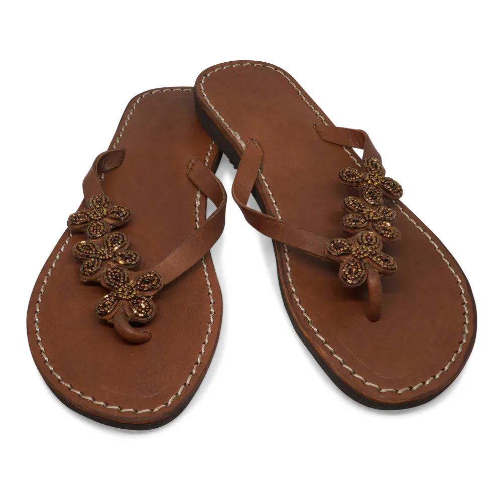 3 FLOWER COFFEE LEATHER SANDALS MEDIUM (EU 37 / US 6.5)