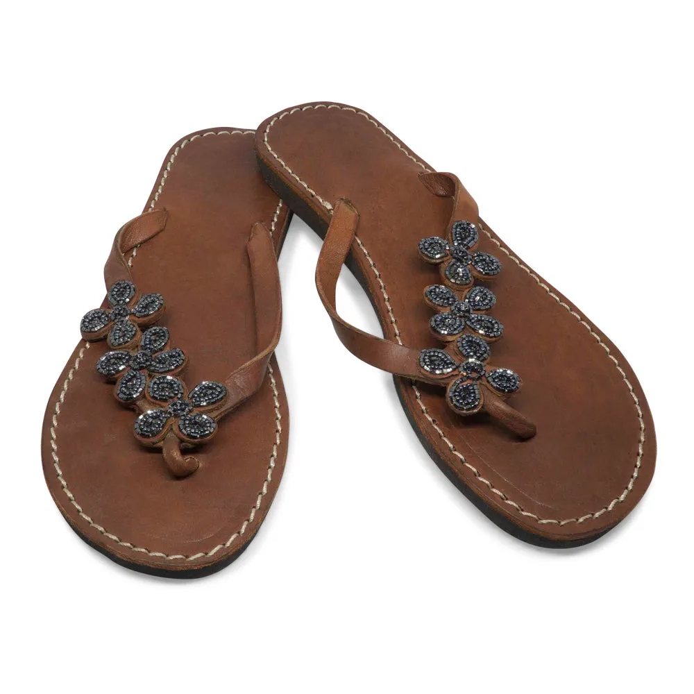 FLOWER DENIM BLUE LEATHER SANDALS MEDIUM (EU 40 / US 9)