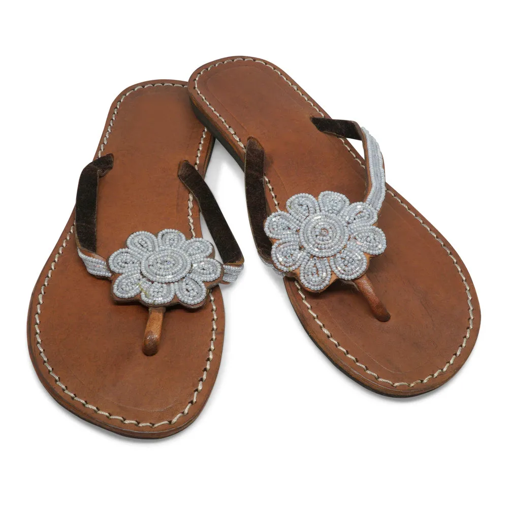 BIG FLOWER AQUA LEATHER SANDALS FLAT (EU 38 / US 7.5)