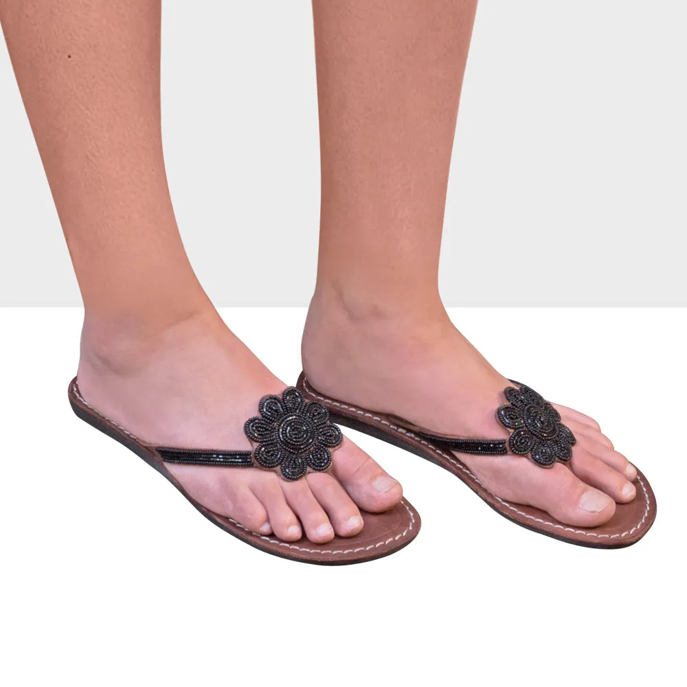 BIG FLOWER BLACK LEATHER SANDALS FLAT (EU 40 / US 9)