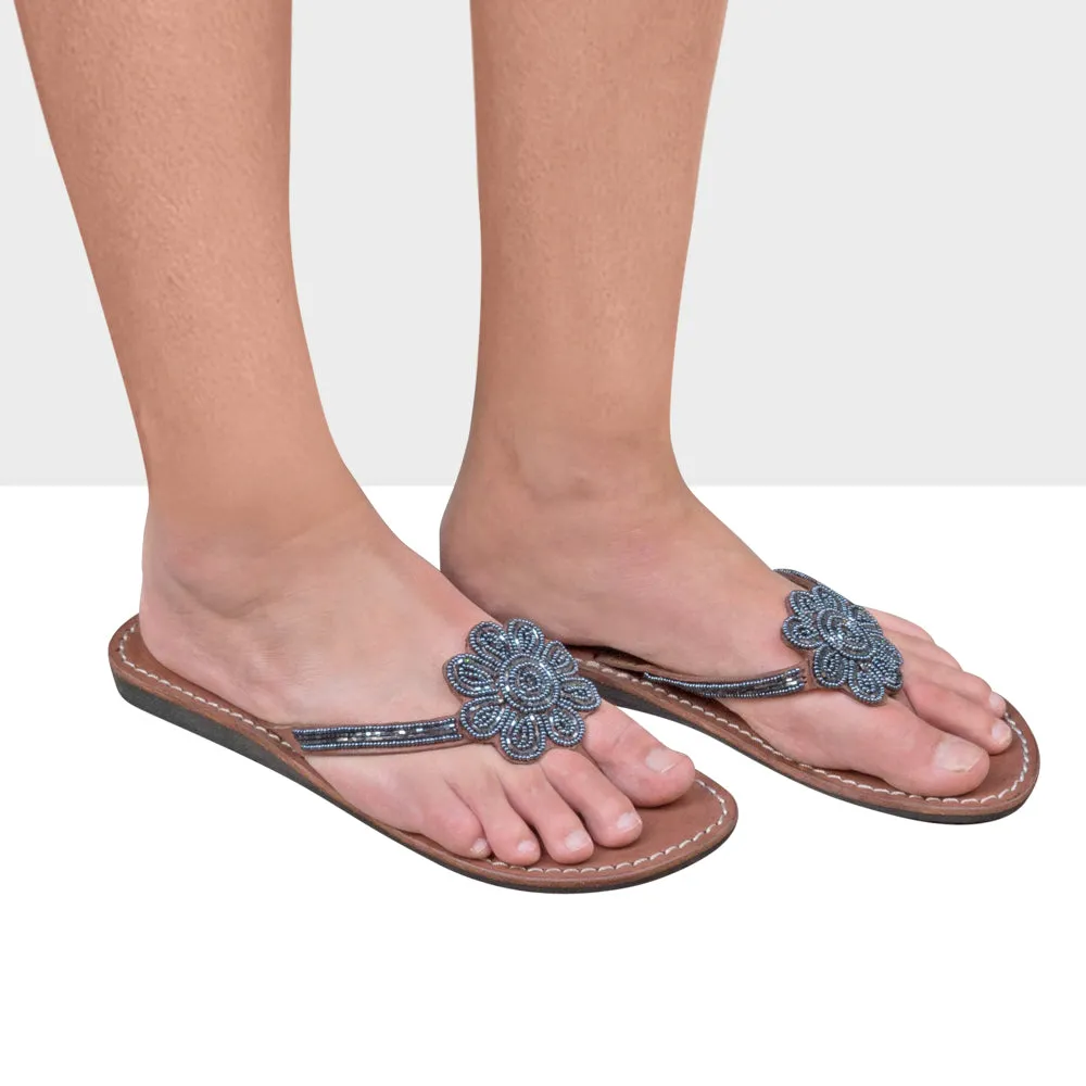 BIG FLOWER DENIM BLUE LEATHER SANDALS FLAT (EU 37 / US 6.5)