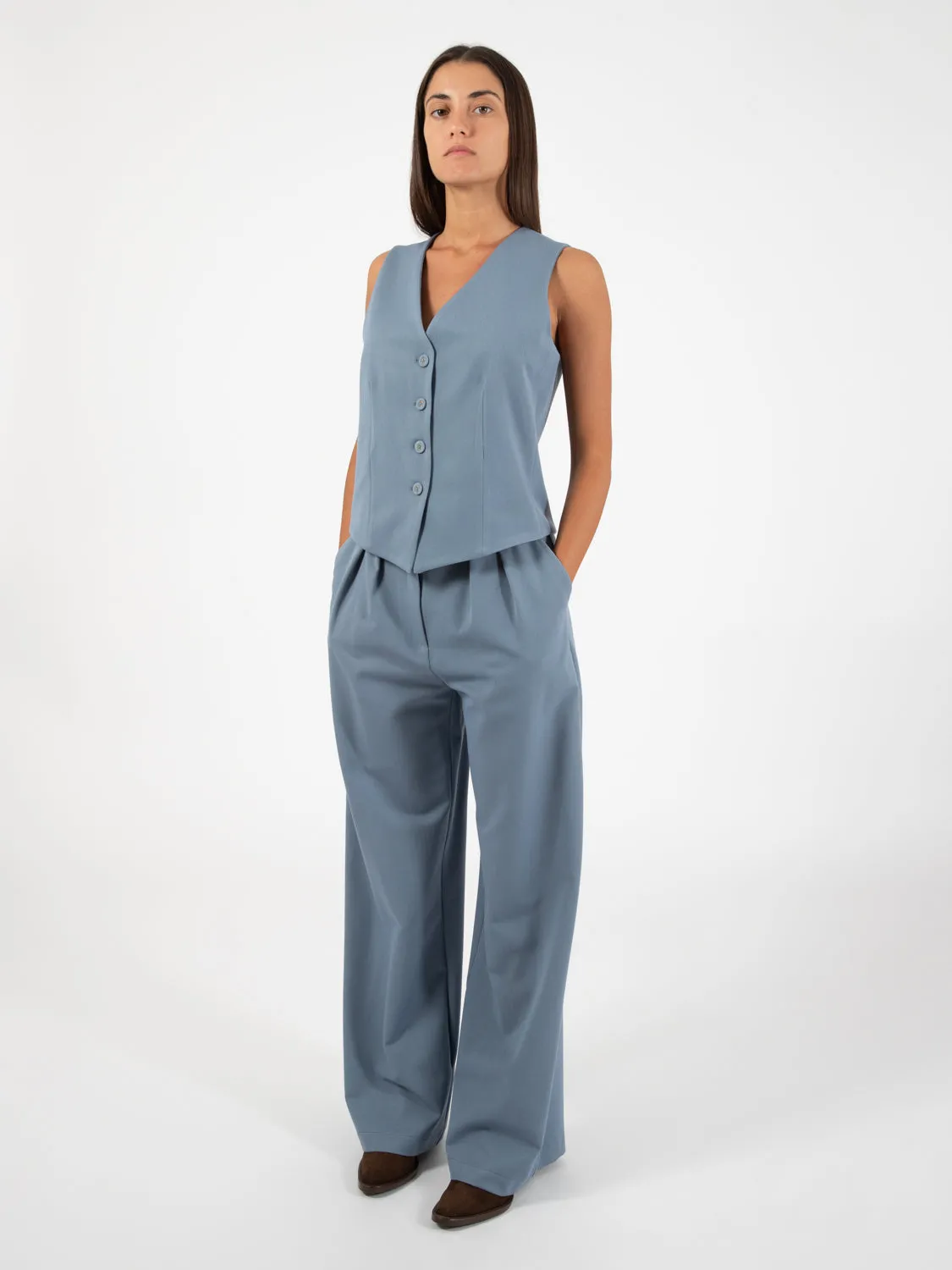 Pantalone a palazzo con doppia pence azzurro polvere