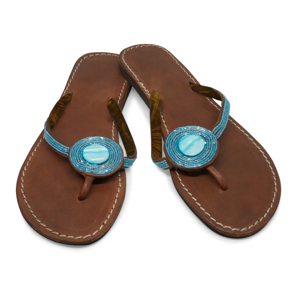 ROUND MOTHER PEARL AVIATION BLUE LEATHER SANDALS FLAT (EU 39 / US 8.5)