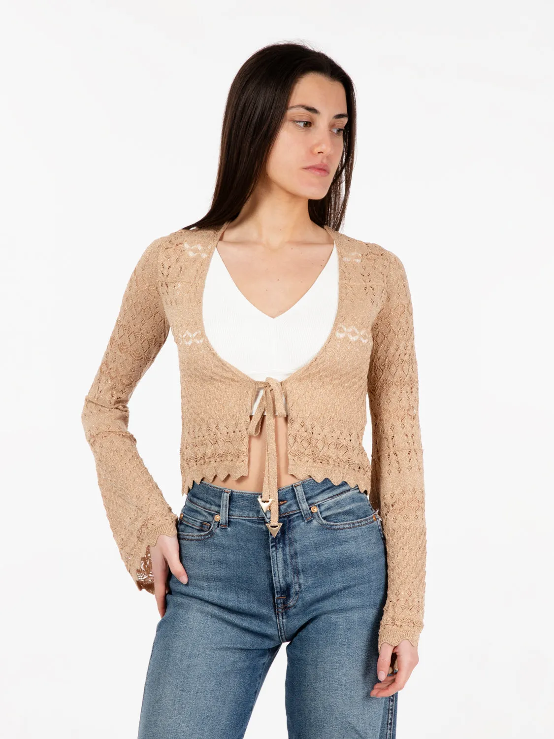 Coprispalle cropped in punto pizzo lurex sabbia