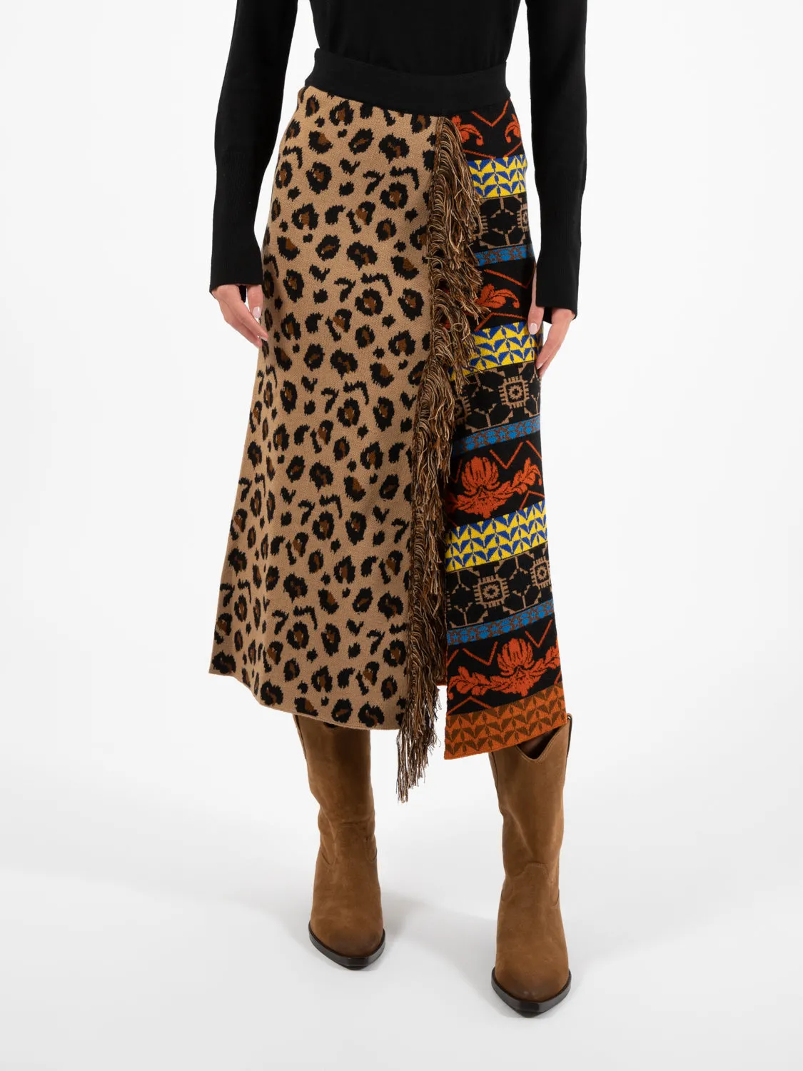 Gonna midi con spacco e frange multicolor