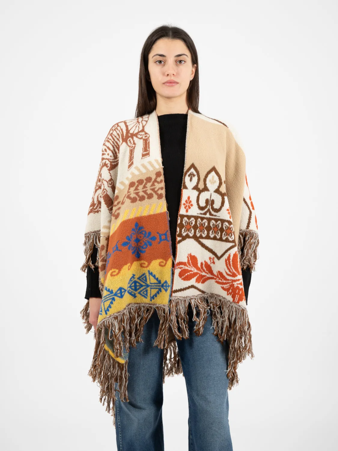 Poncho con frange pattern multicolor