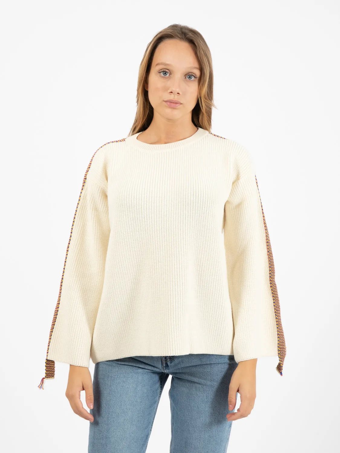 Pullover girocollo con inserti colorati panna