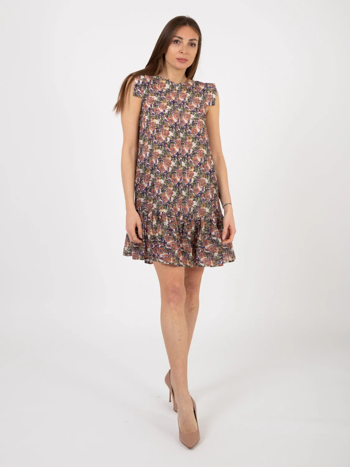 Abito balze fantasia floreale burro / rose