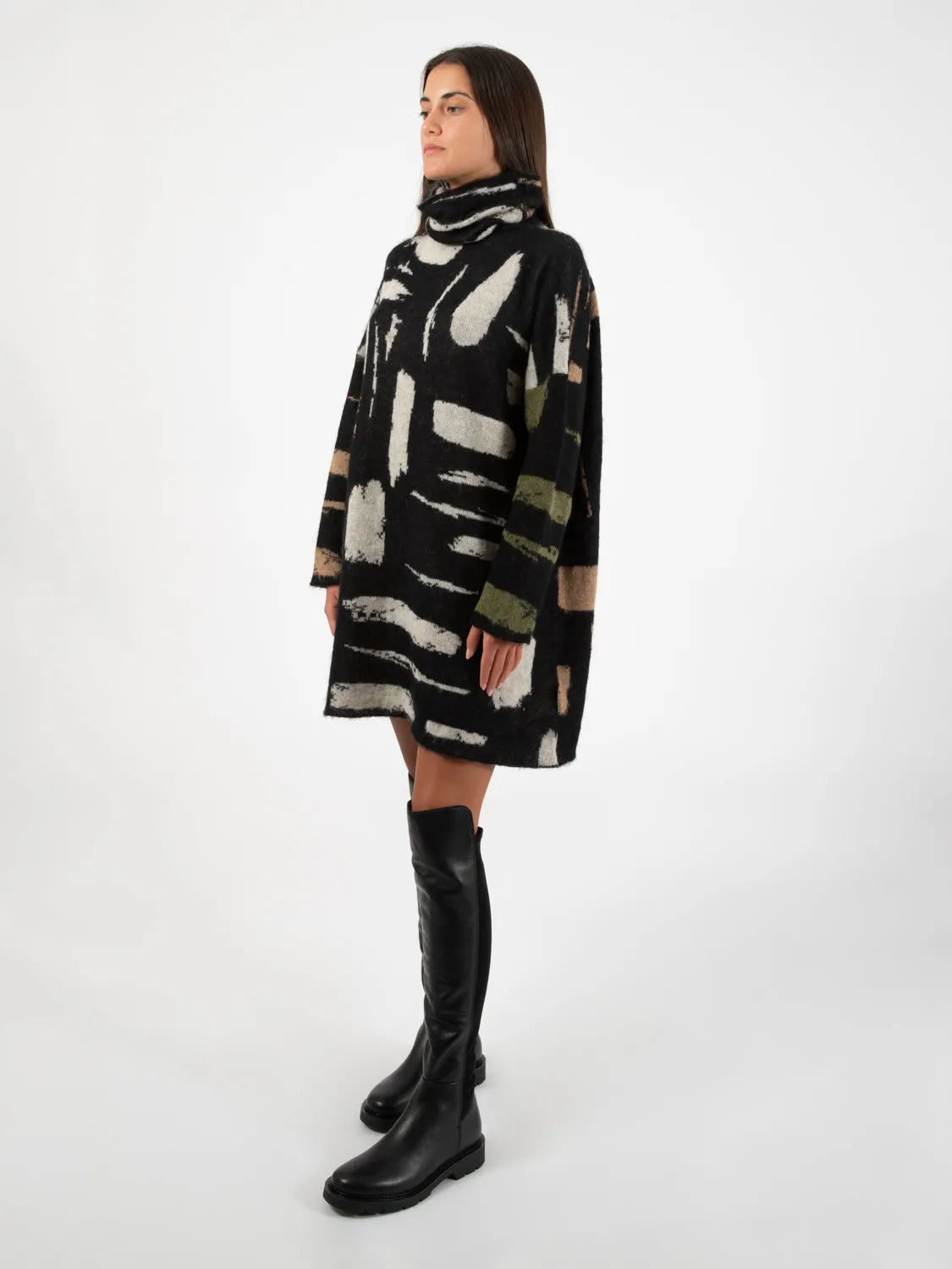 Mini abito in maglia burro / muschio / nero