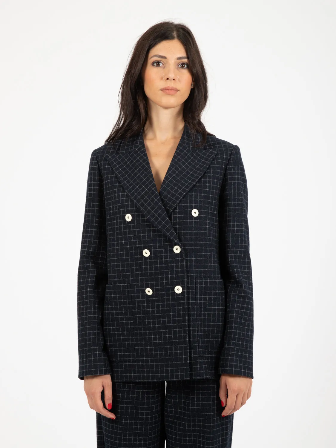 Blazer doppiopetto check in lana inchiostro