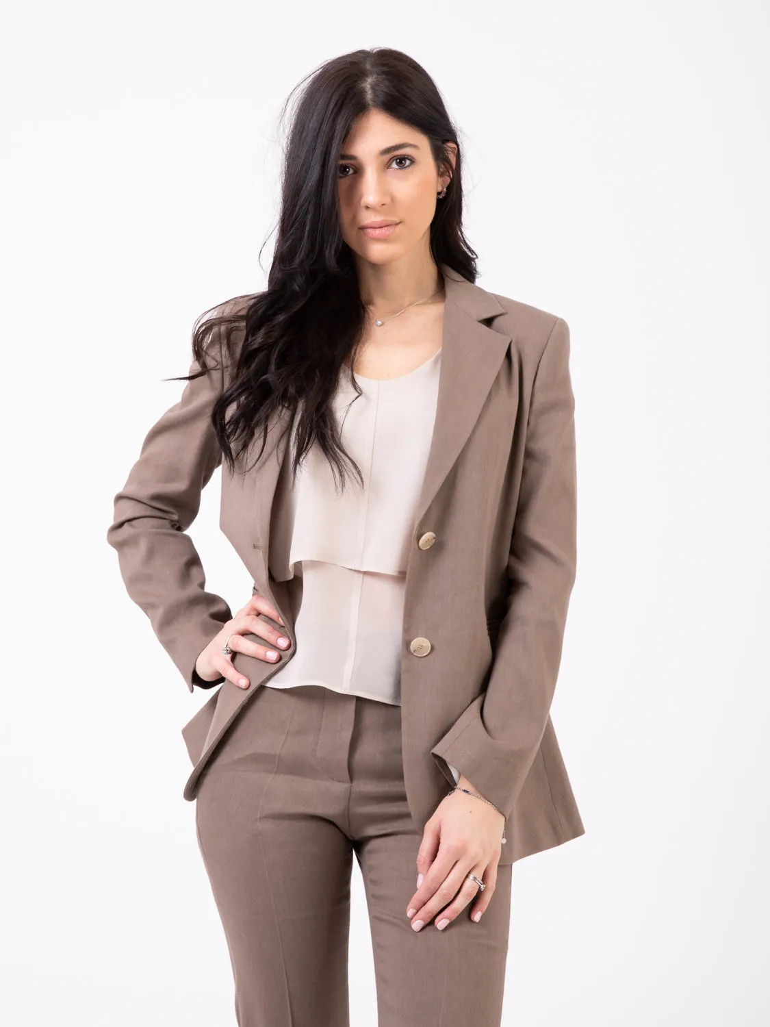 Blazer lino stretch monopetto terra
