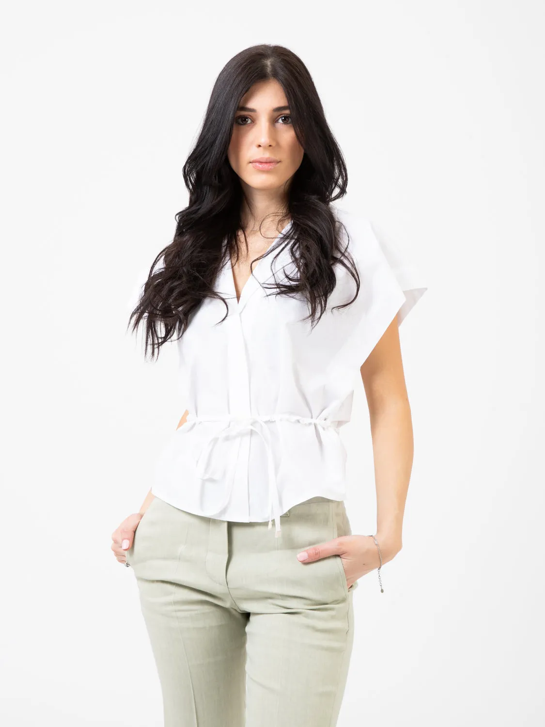 Blusa popeline con cintina bianca