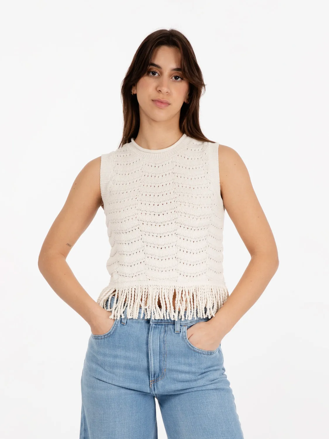 Top eco tricot con frange riso