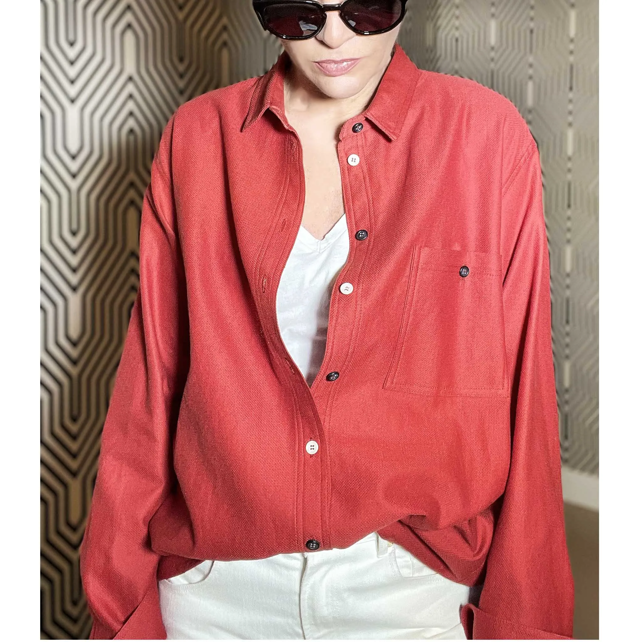 AMOUR rouge piquet - Camicia piquet cotone rosso con bottoni bicolor