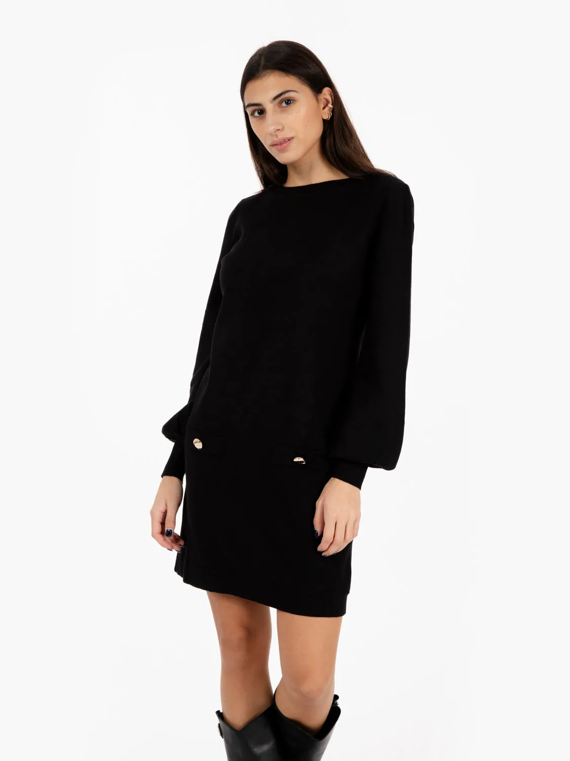 Abito corto in maglia con bottoni nero