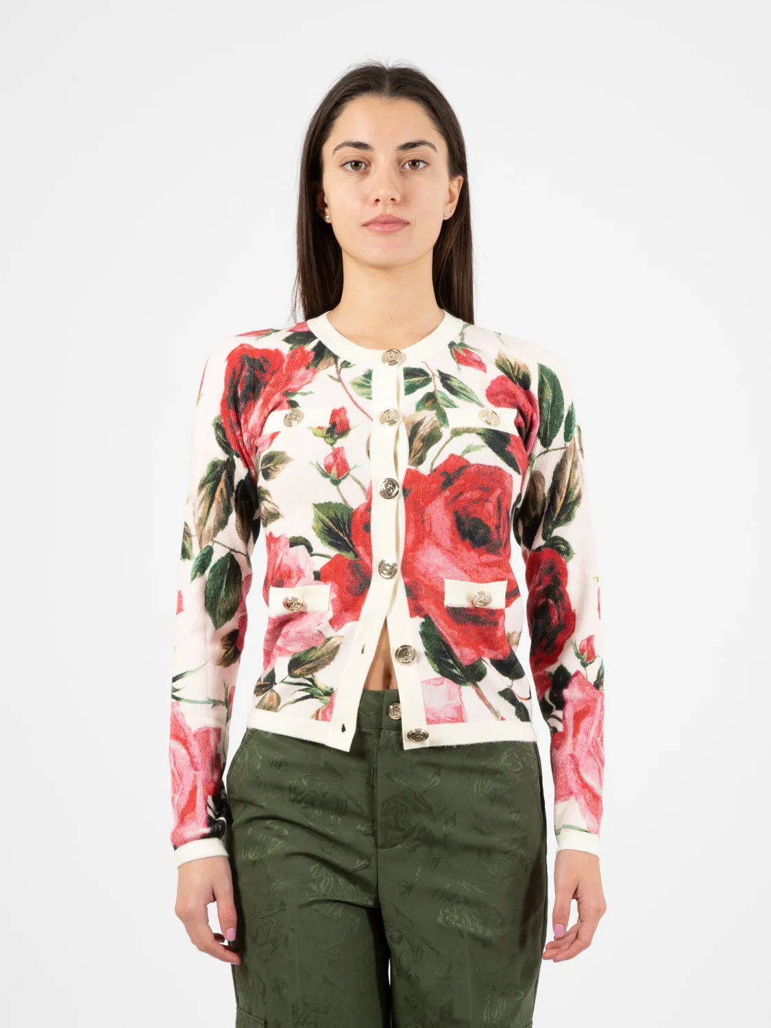 Cardigan con rose con tasche bianco / rosso
