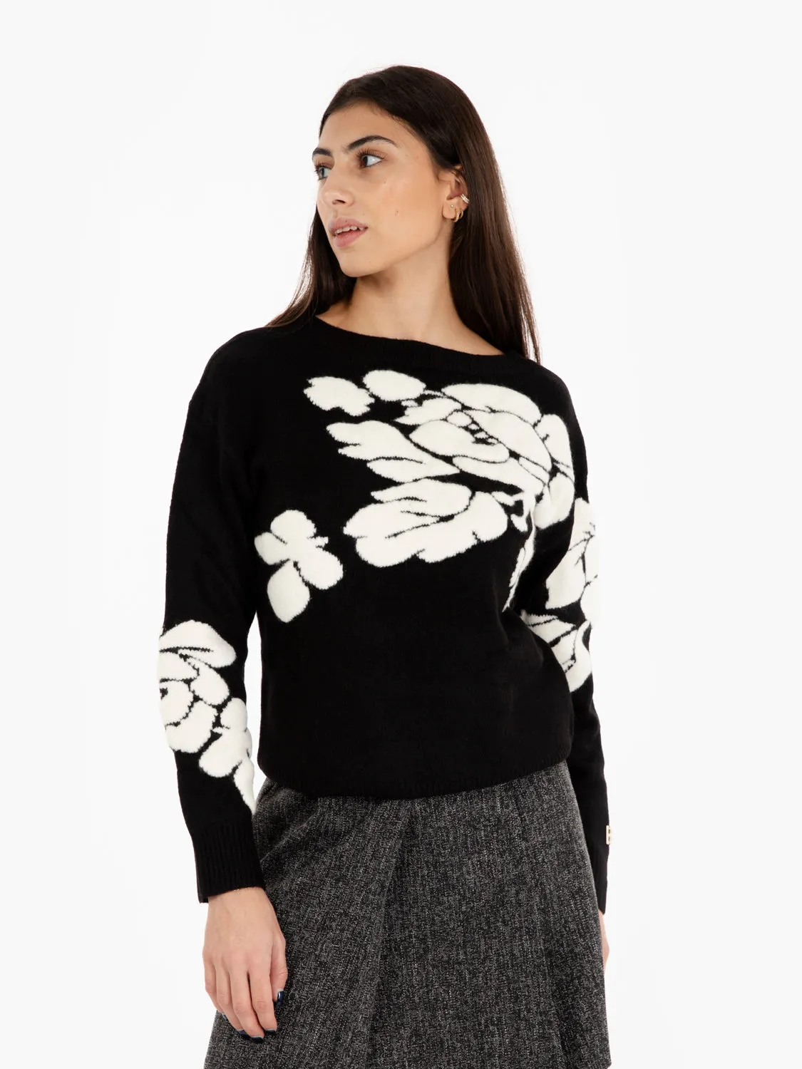 Maglione doppio uso con rose nero / chalk