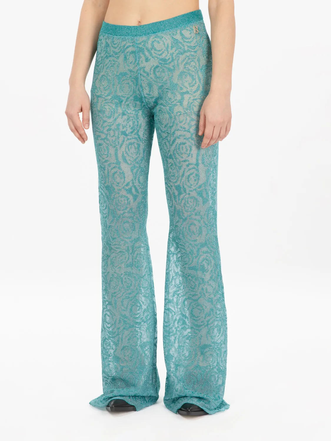 Pantaloni flare motivo rose turchese
