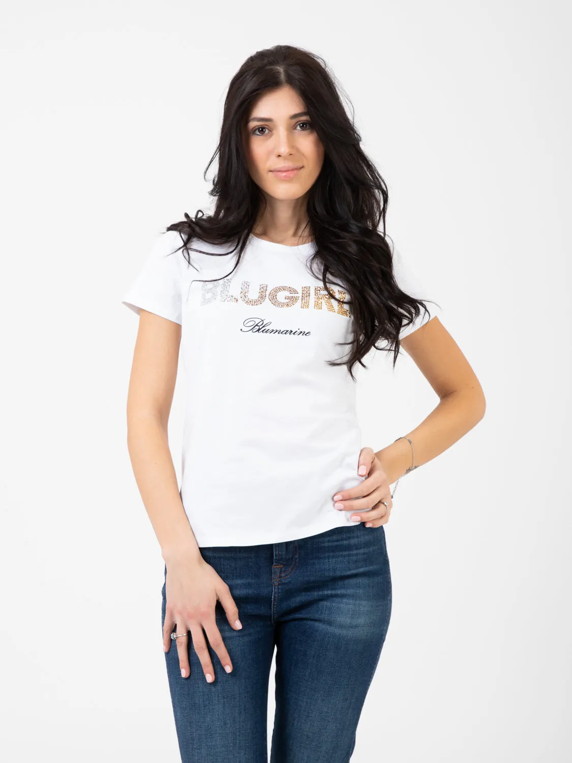 T-shirt con logo e borchie bianca