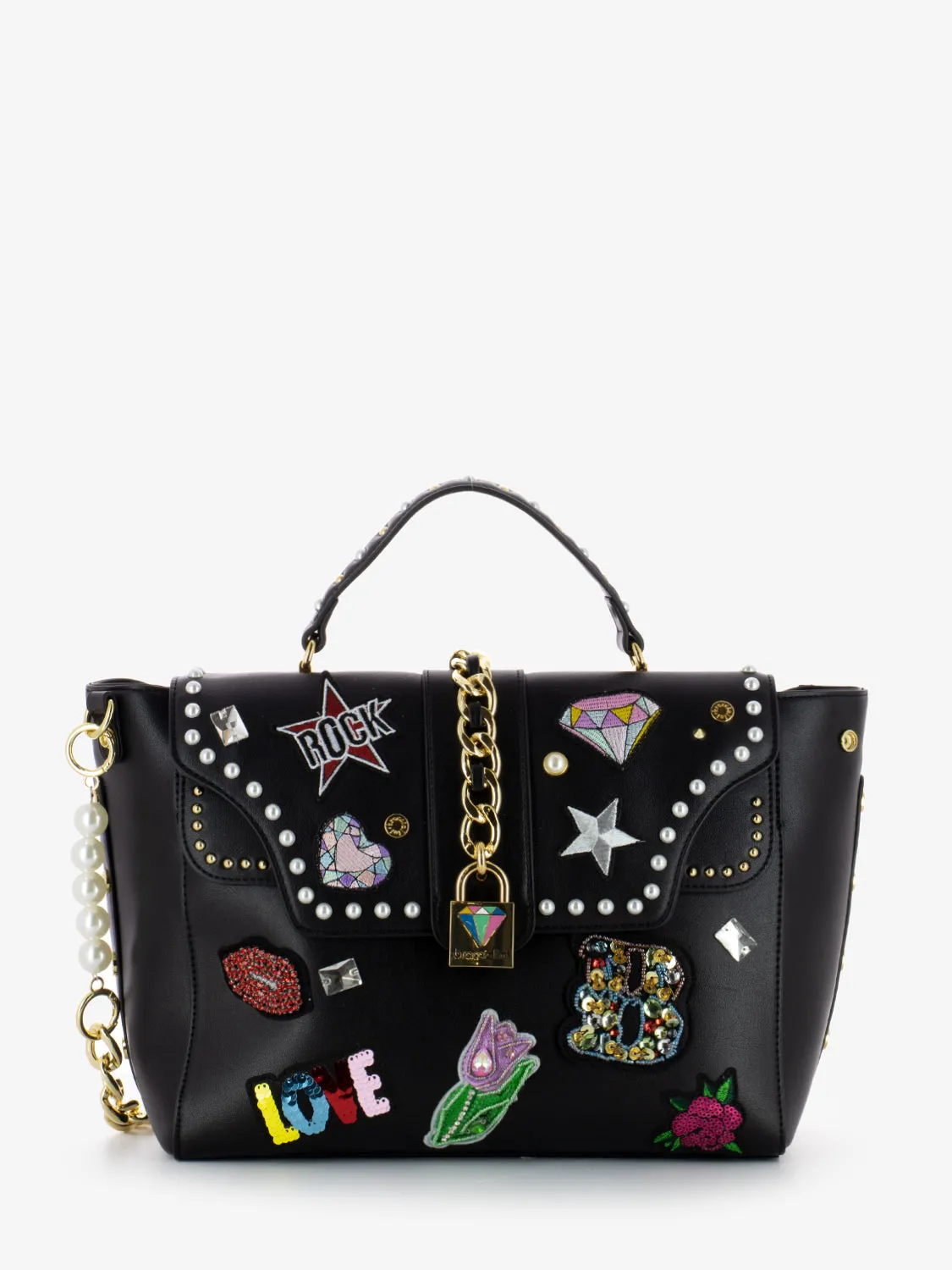 Borsa a mano rock con applicazioni nera