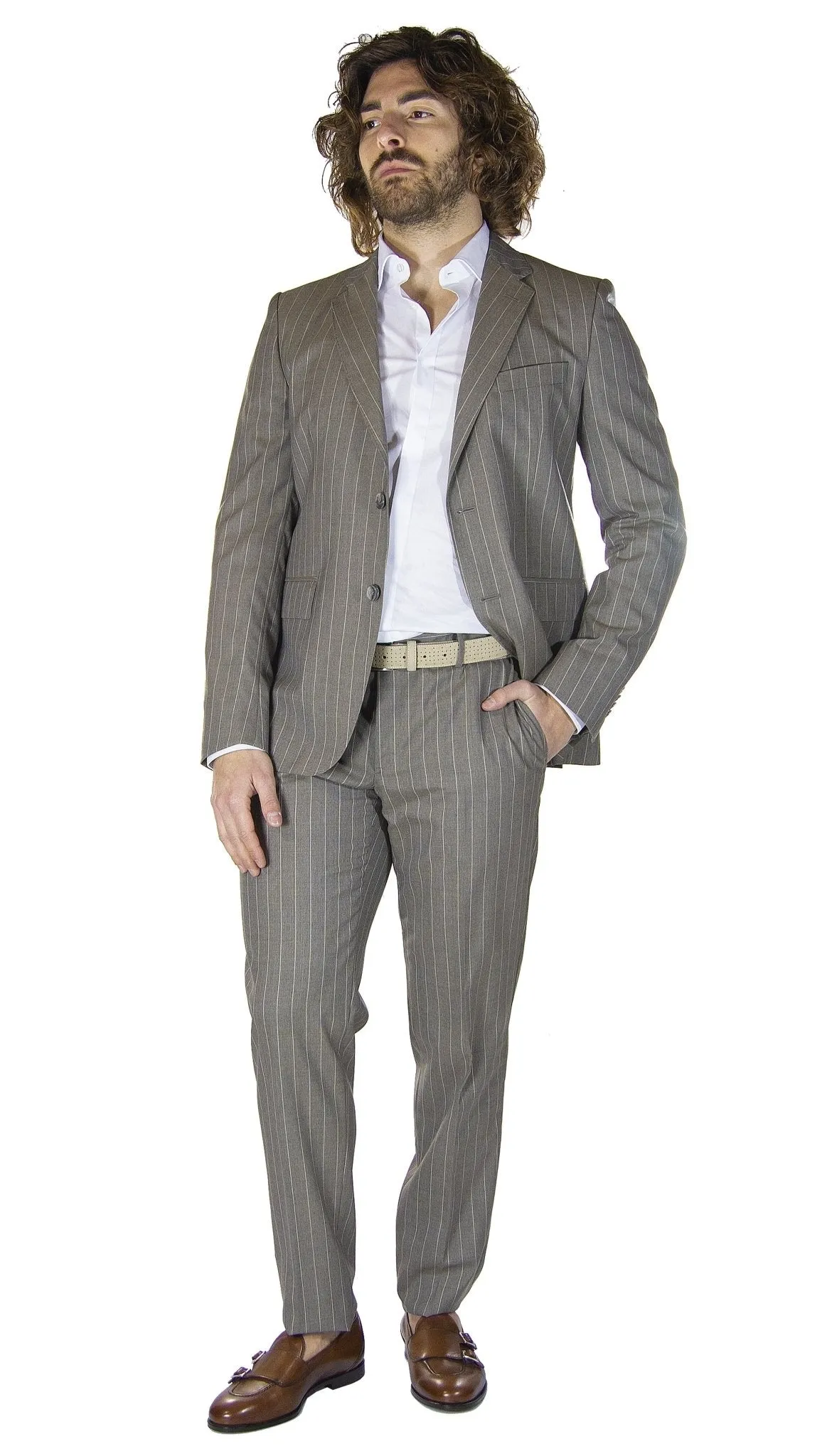 Brian Dales Uomo Abito tabacco in lana gessato.