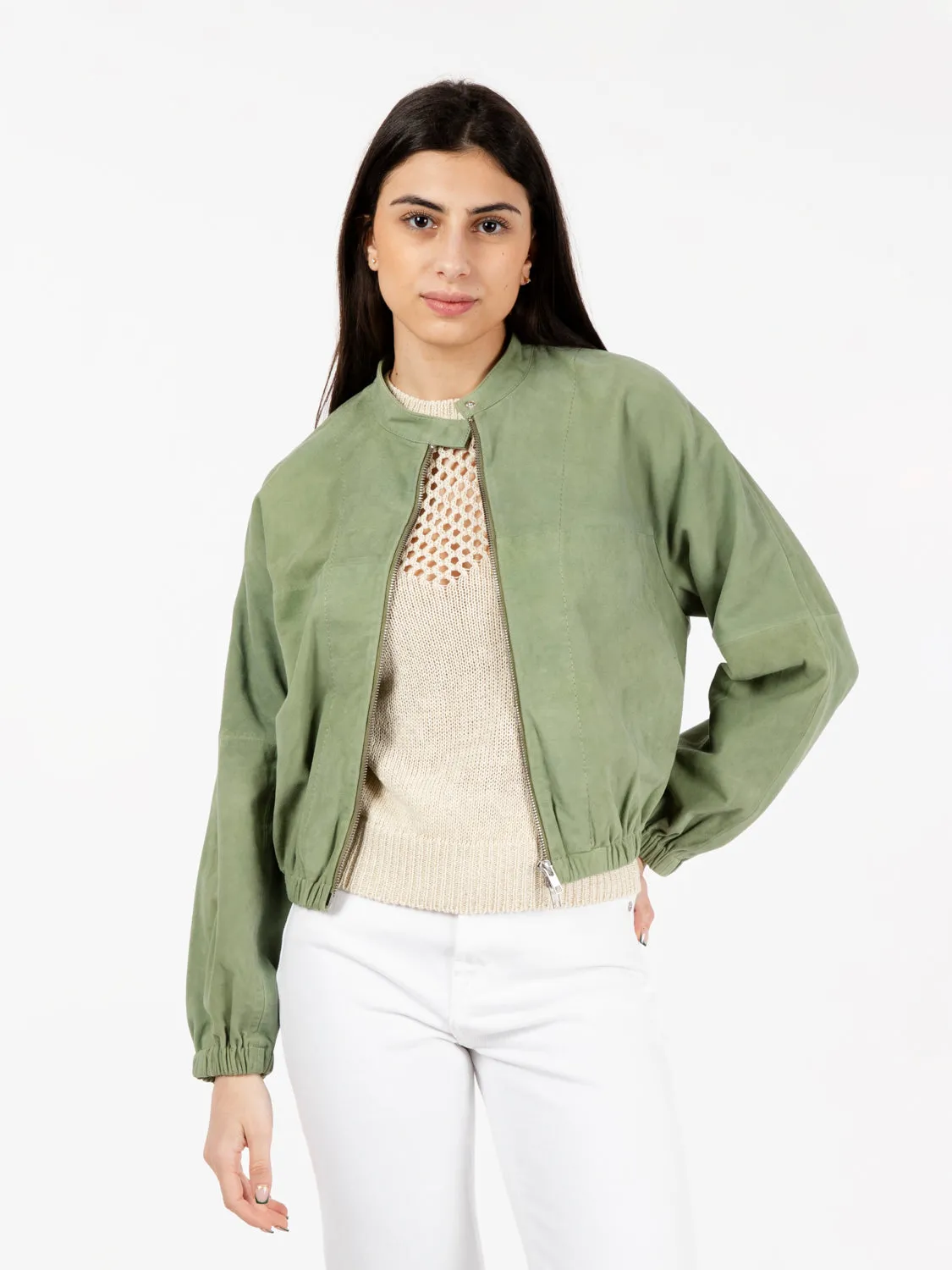 Bomber in camoscio con zip salvia