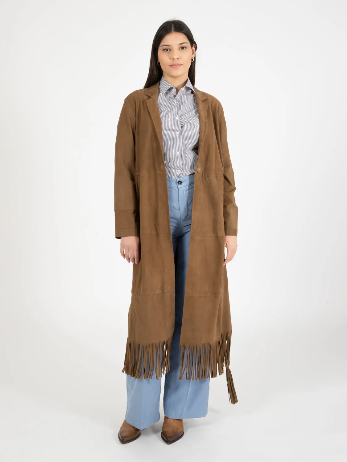 Spolverino in camoscio con frange fungo