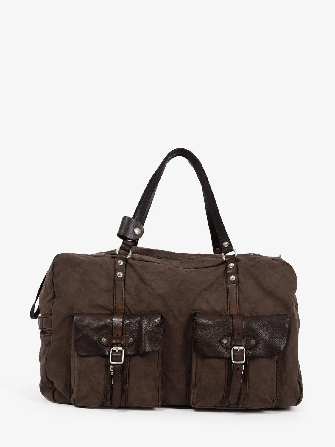 Borsone in canvas e pelle con tasche marrone