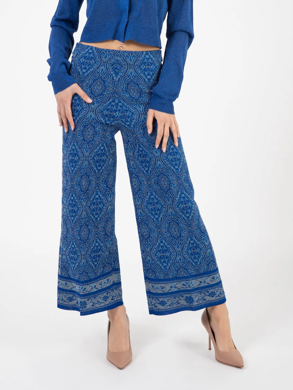 Pantaloni crop jacquard lurex blu