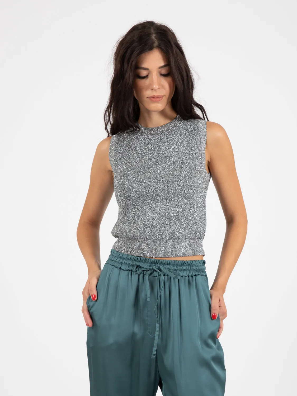 Top con filato lurex argento