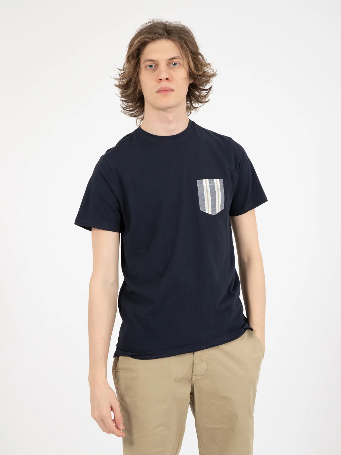 T-shirt taschino fantasia a righe navy