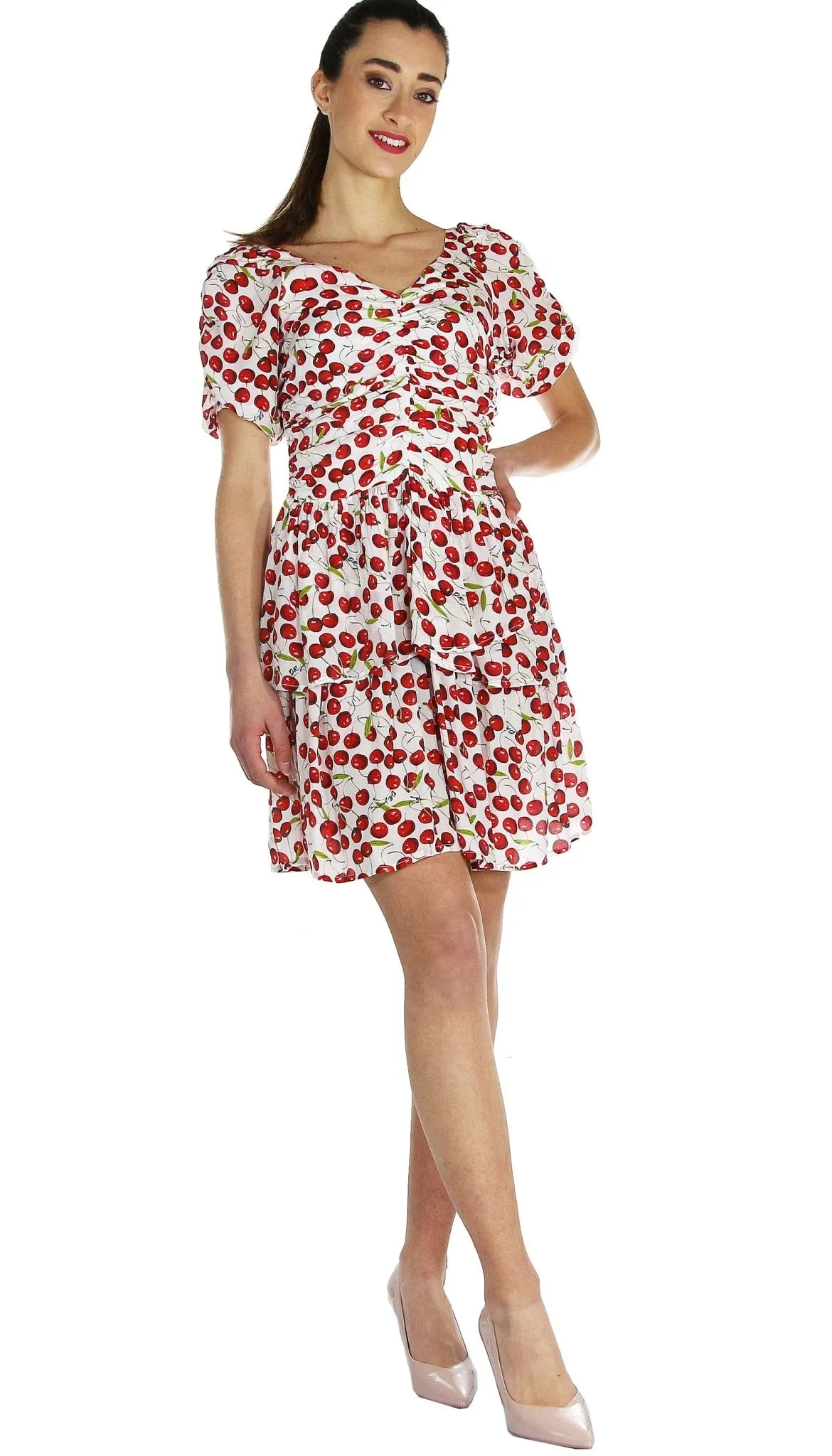 Denny Rose Jeans Abito con gonna a balze stampa ciliegie all over.