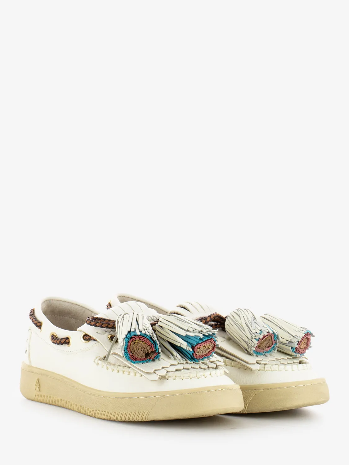 Mocassini con frange e nappe bianco / multicolor