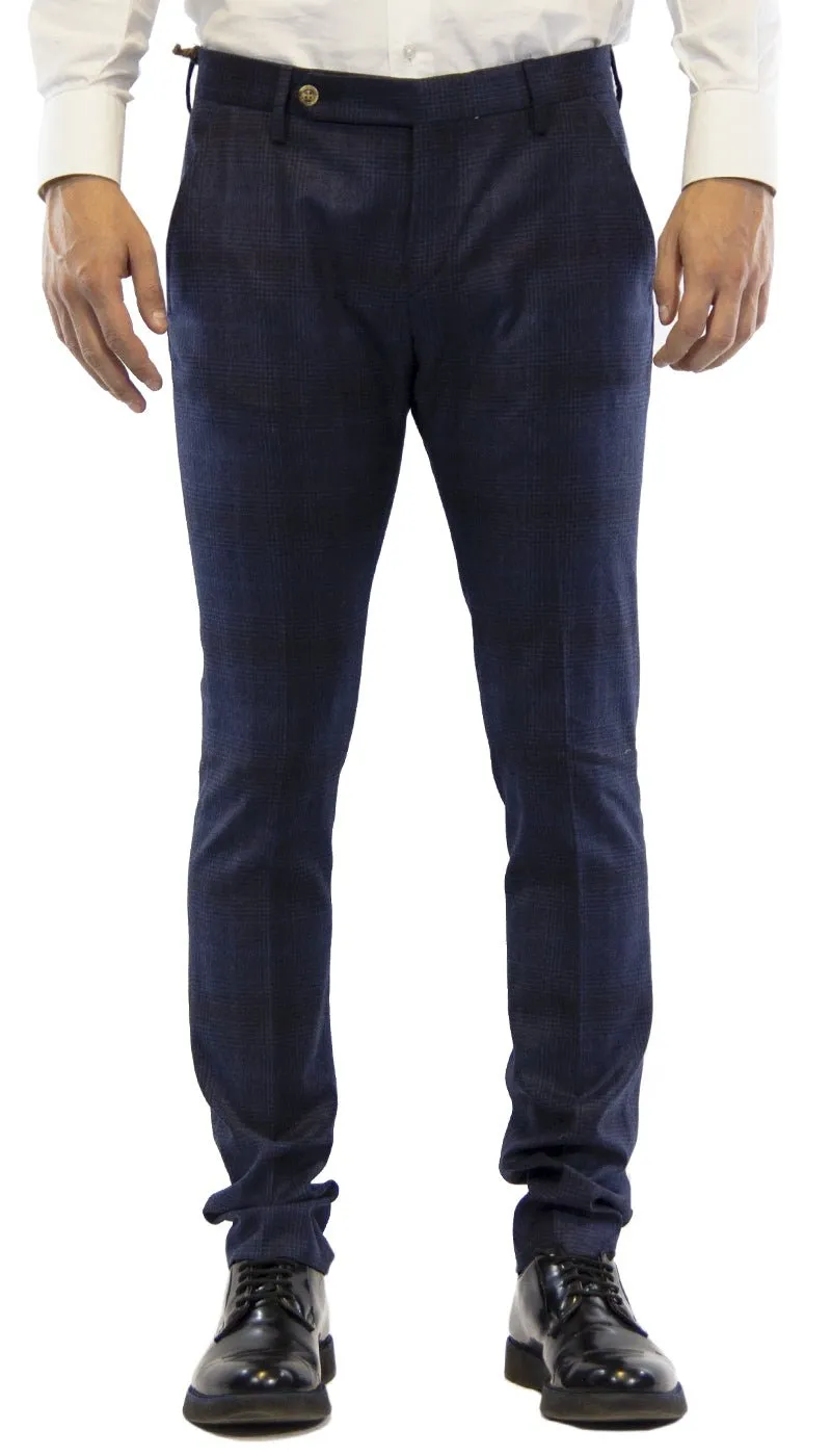 Entre Amis Pantalone uomo  collezione O'Mast tasche america lungo con cinturino in lana fantasia quadri blu.