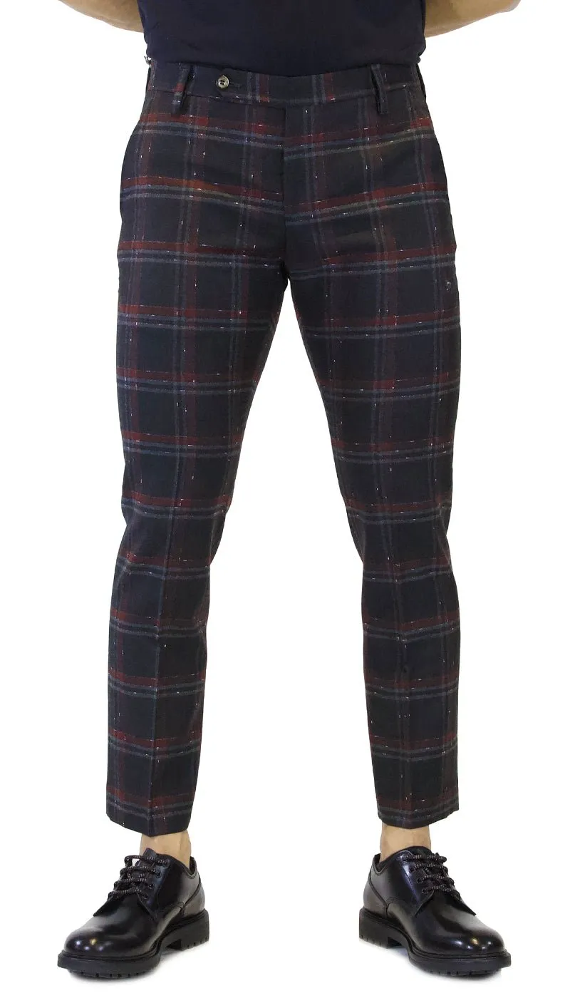 Entre Amis Pantalone uomo collezione o'sart in lana corto con cinturino a quadri grigio e bordeaux