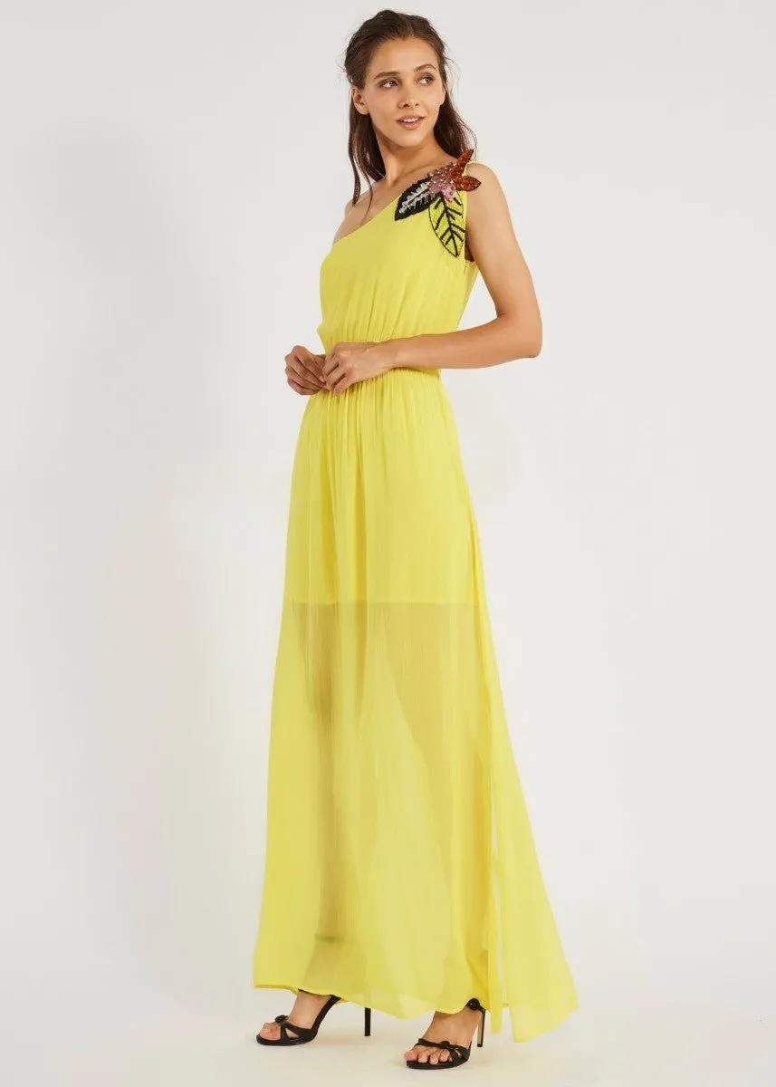 Gaudì Abito donna lungo monospalla con patch floreale in paillettes giallo lemon