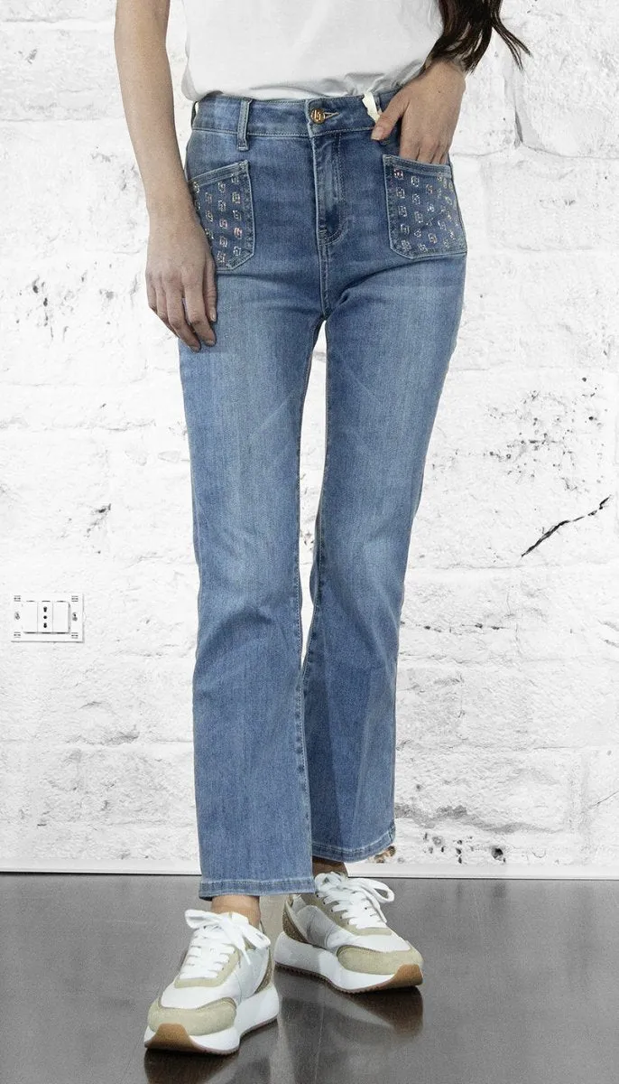 Gaudi Jeans flare cropped e tasche logo con strass