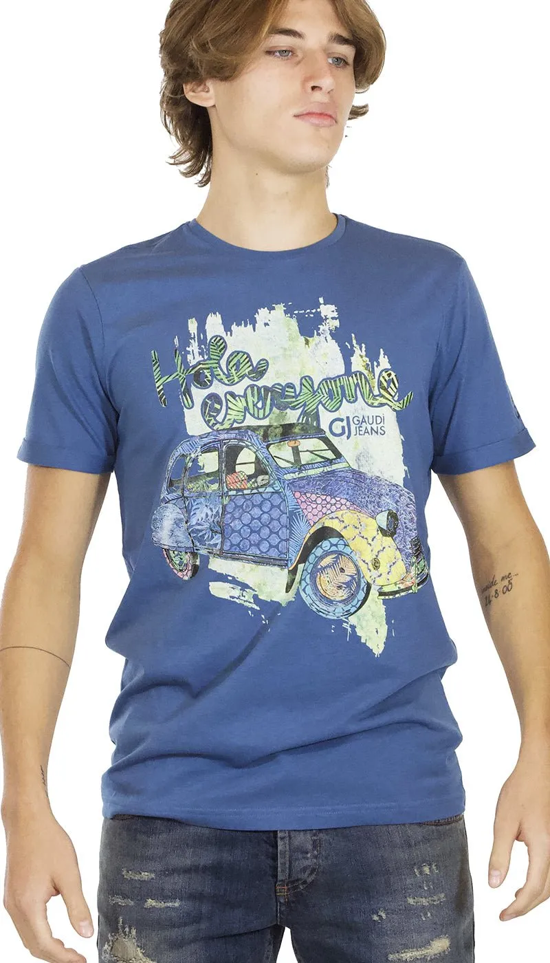Gaudì Jeans  T-shirt uomo blu in cotone stampa hola everyone