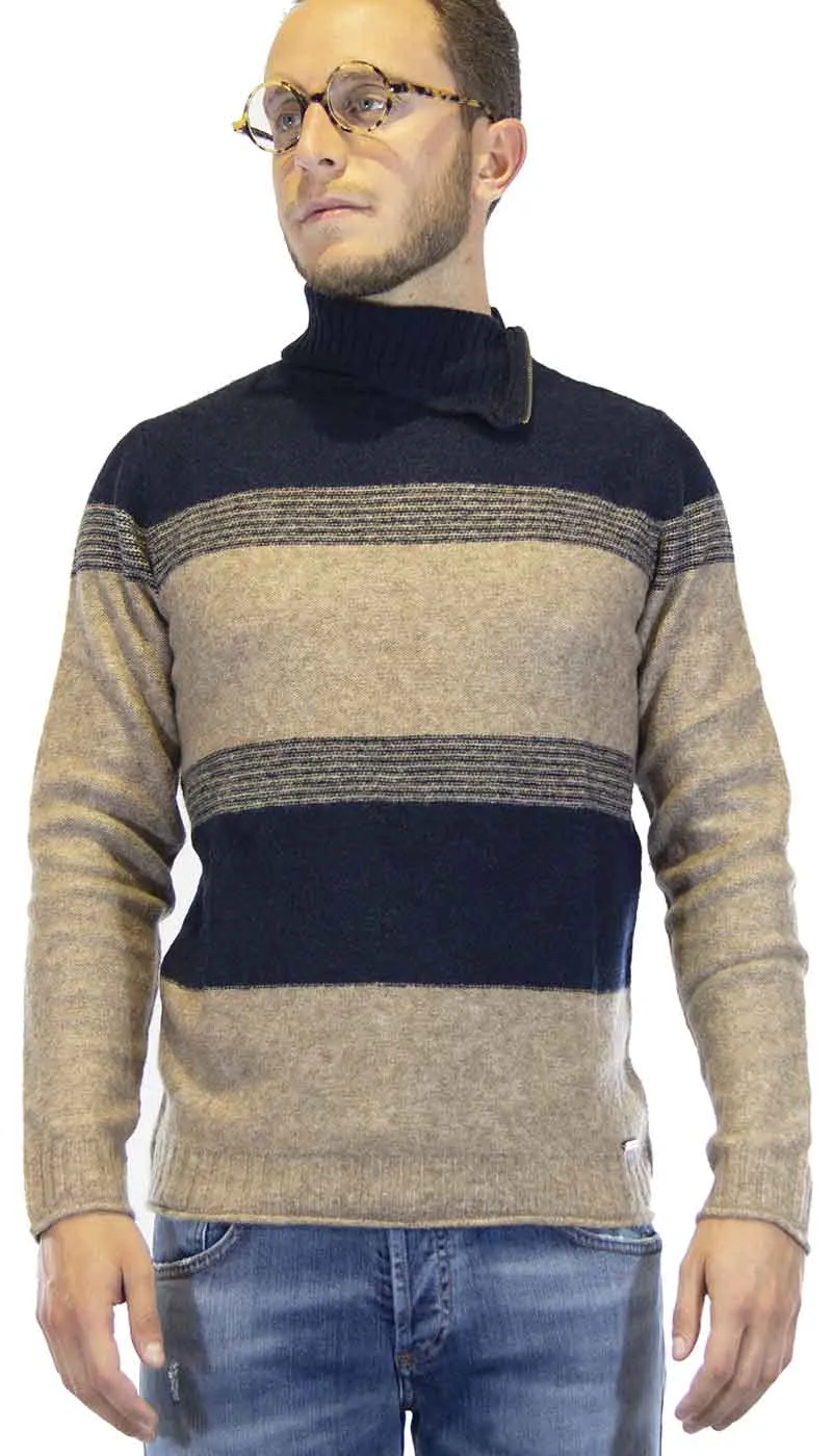 Gaudì Maglione uomo collo alto, con zip laterale in lana beige e blu.