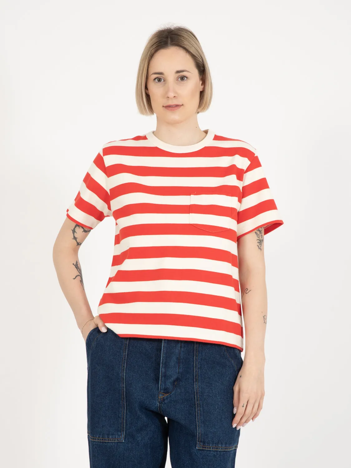 T-shirt pocket recycled jersey red stripe