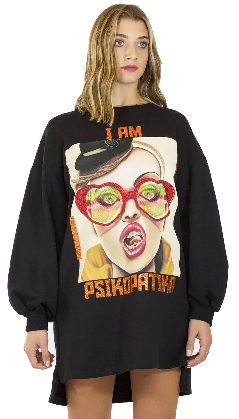 Gli Psicopatici Mini abito donna in felpa nero modello oversize con stampa I am Psikopatika.