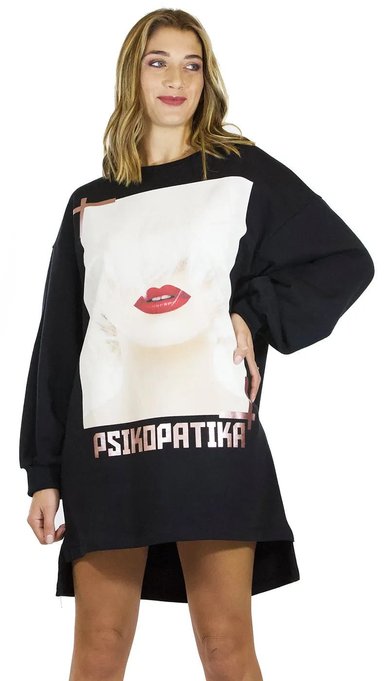 Gli Psicopatici Mini abito donna in felpa nero modello oversize con stampa Psikopatika.
