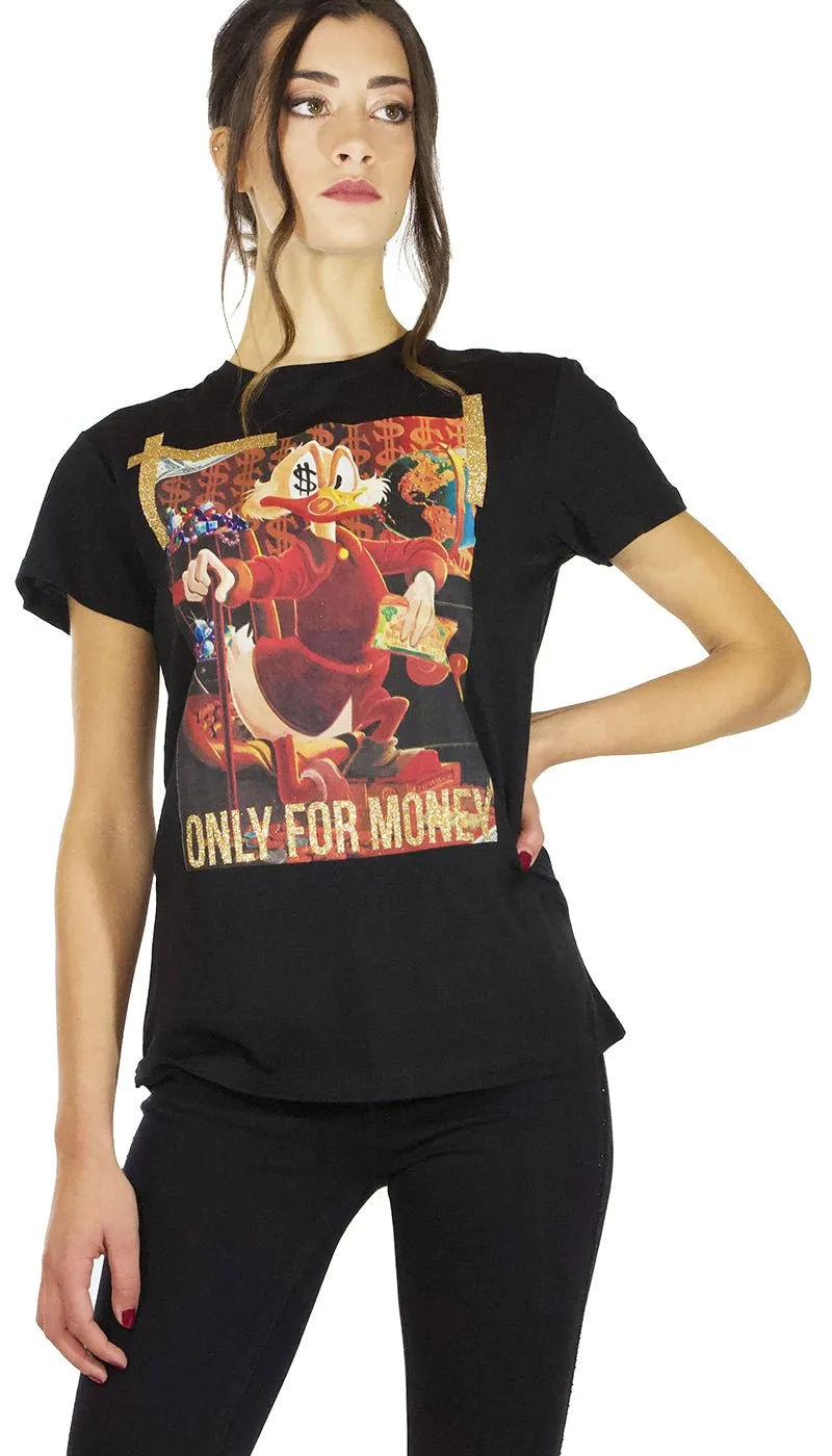 Gli Psicopatici T-shirt donna nera in cotone manica corta stampa Zio Paperone.