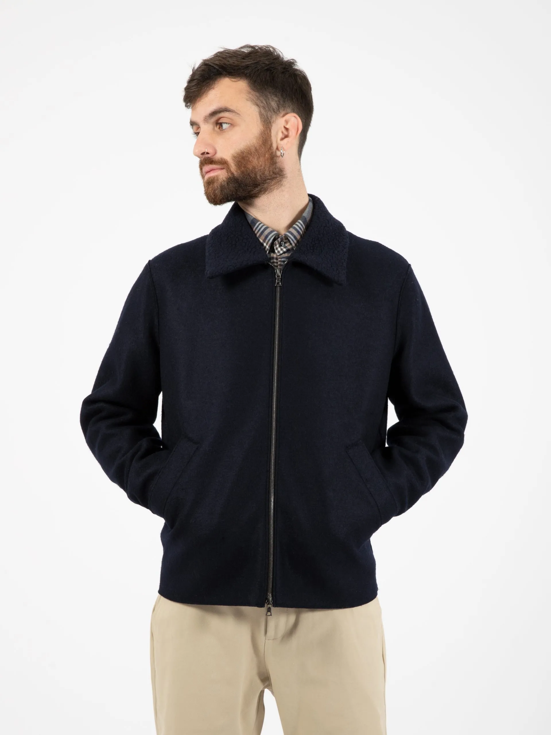 Golf Jacket Pressed Wool And Bouclè Navy Blue