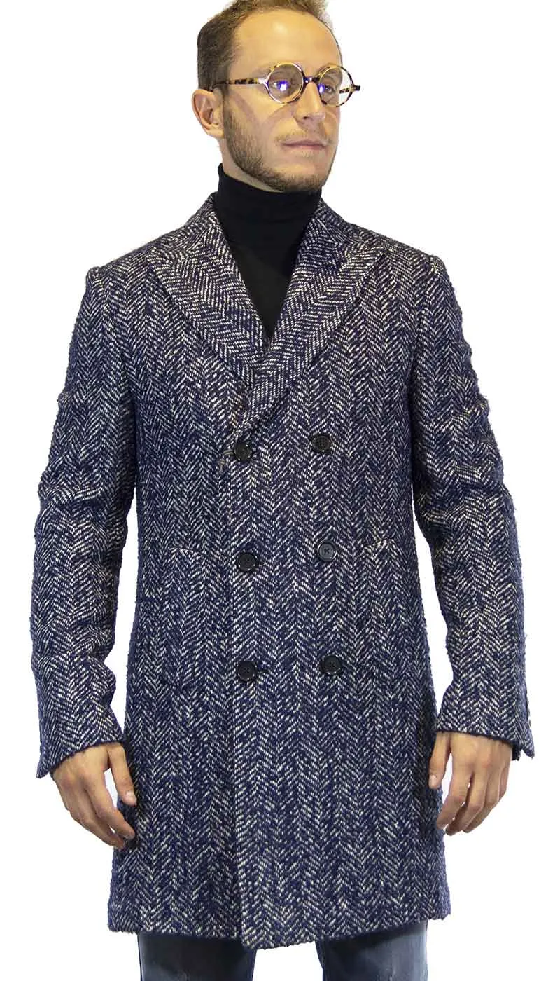 Havana & co Cappotto uomo  doppiopetto in lana tweed spigato blu