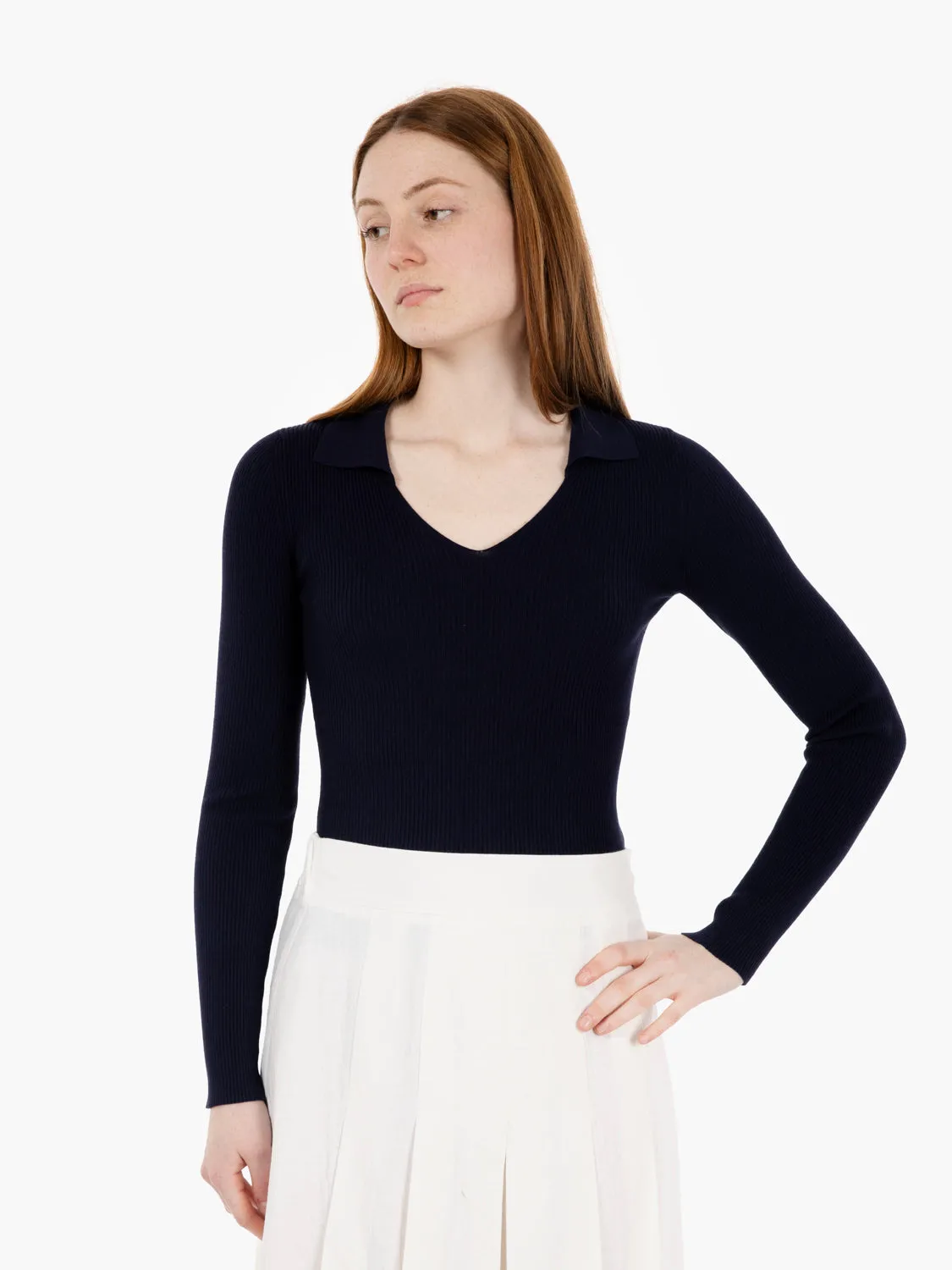 Polo a manighe lunghe a coste blu